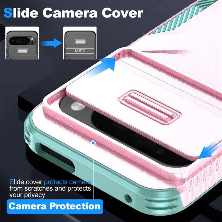 For Google Pixel 9 Pro XL Case TPU+PC Non-Slip Side Edge Phone Cover with Lens Lid - Pink / Grey Green