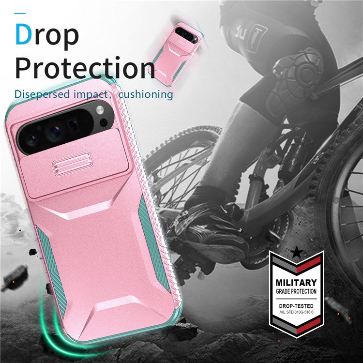 For Google Pixel 9 Pro XL Case TPU+PC Non-Slip Side Edge Phone Cover with Lens Lid - Pink / Grey Green