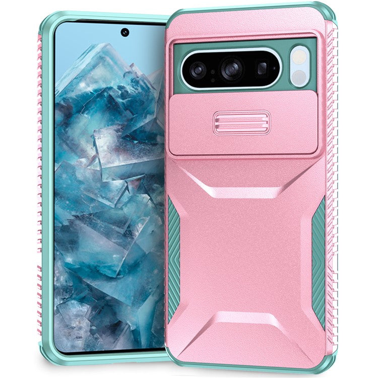 For Google Pixel 8 Pro Phone Case TPU+PC Non-Slip Side Edge Phone Cover with Lens Lid - Pink / Grey Green