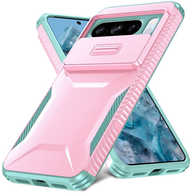 For Google Pixel 8 Pro Phone Case TPU+PC Non-Slip Side Edge Phone Cover with Lens Lid - Pink / Grey Green