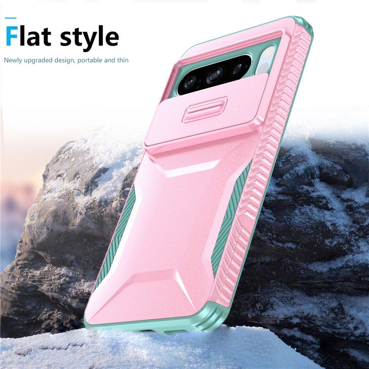 For Google Pixel 8 Pro Phone Case TPU+PC Non-Slip Side Edge Phone Cover with Lens Lid - Pink / Grey Green