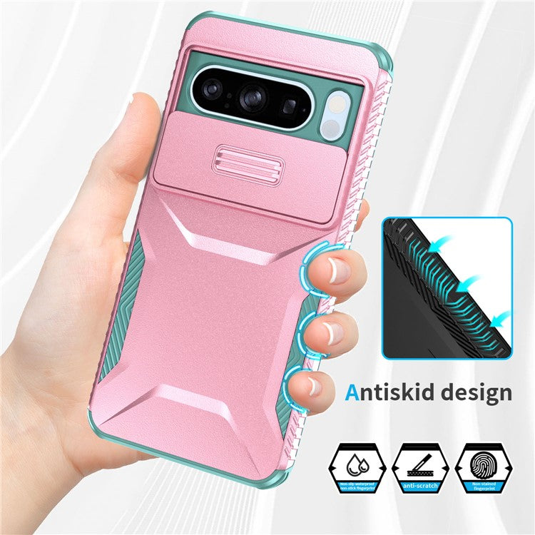 For Google Pixel 8 Pro Phone Case TPU+PC Non-Slip Side Edge Phone Cover with Lens Lid - Pink / Grey Green