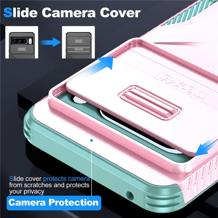 For Google Pixel 8 Pro Phone Case TPU+PC Non-Slip Side Edge Phone Cover with Lens Lid - Pink / Grey Green