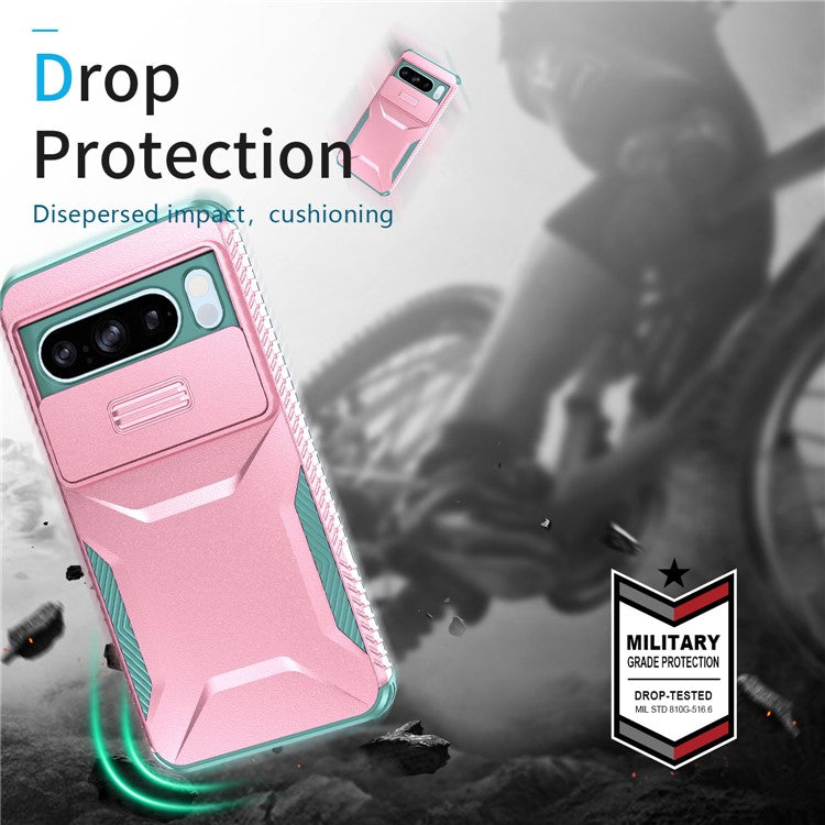 For Google Pixel 8 Pro Phone Case TPU+PC Non-Slip Side Edge Phone Cover with Lens Lid - Pink / Grey Green