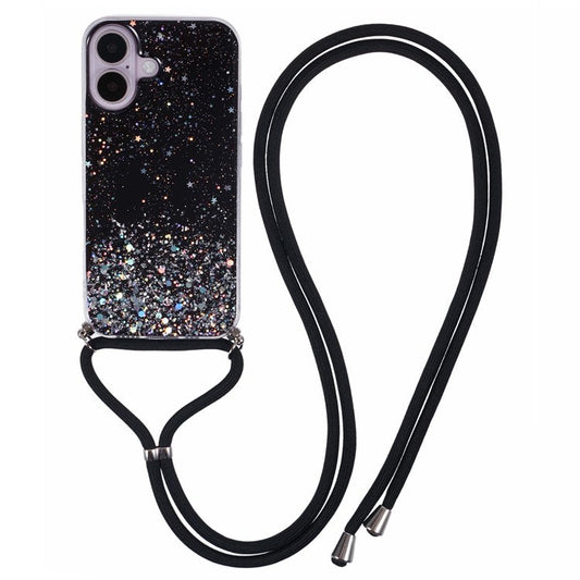 AW Series For iPhone 16 Plus Case Soft TPU Sparkle Epoxy Phone Cover with Lanyard - Black
