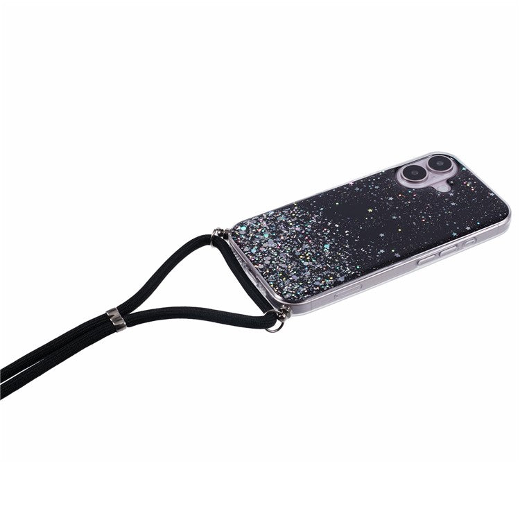 AW Series For iPhone 16 Plus Case Soft TPU Sparkle Epoxy Phone Cover with Lanyard - Black
