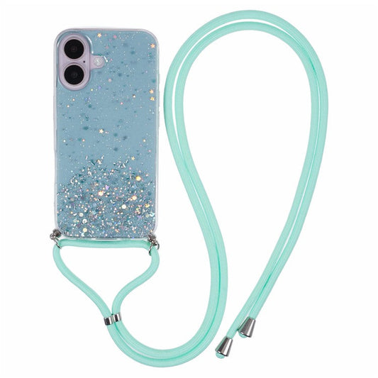 AW Series For iPhone 16 Plus Case Soft TPU Sparkle Epoxy Phone Cover with Lanyard - Green