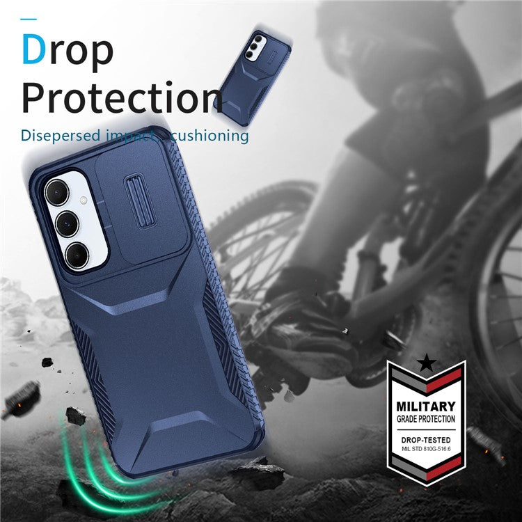 For Samsung Galaxy A55 5G Case Slide Lens Cover Design TPU+PC Phone Protector - Blue