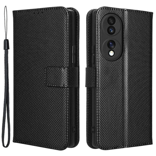 For Honor 70 5G Diamond Texture Phone Wallet Shockproof Shell PU Leather Stand Case with Wrist Strap - Black