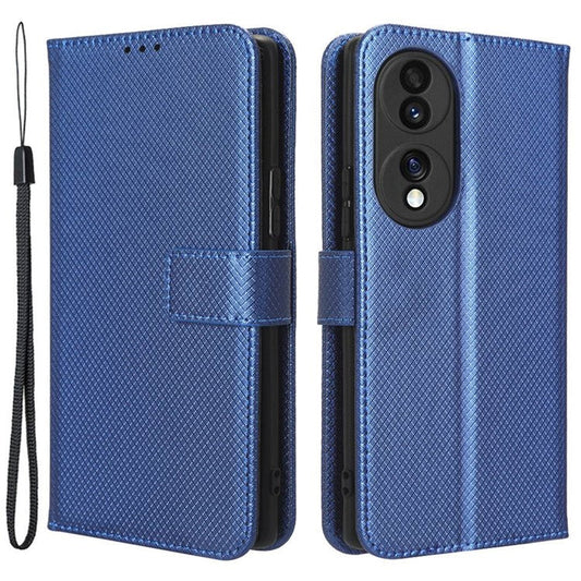 For Honor 70 5G Diamond Texture Phone Wallet Shockproof Shell PU Leather Stand Case with Wrist Strap - Blue