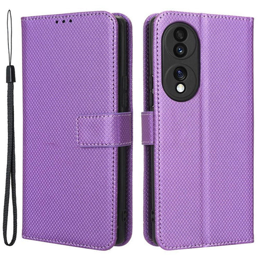 For Honor 70 5G Diamond Texture Phone Wallet Shockproof Shell PU Leather Stand Case with Wrist Strap - Purple