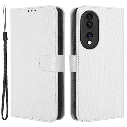 For Honor 70 5G Diamond Texture Phone Wallet Shockproof Shell PU Leather Stand Case with Wrist Strap - White