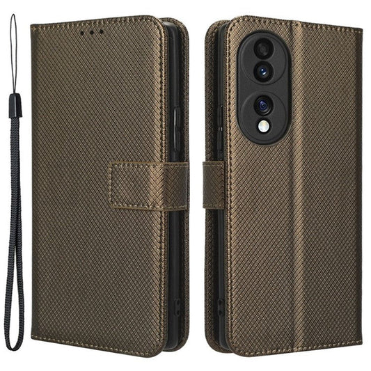 For Honor 70 5G Diamond Texture Phone Wallet Shockproof Shell PU Leather Stand Case with Wrist Strap - Brown