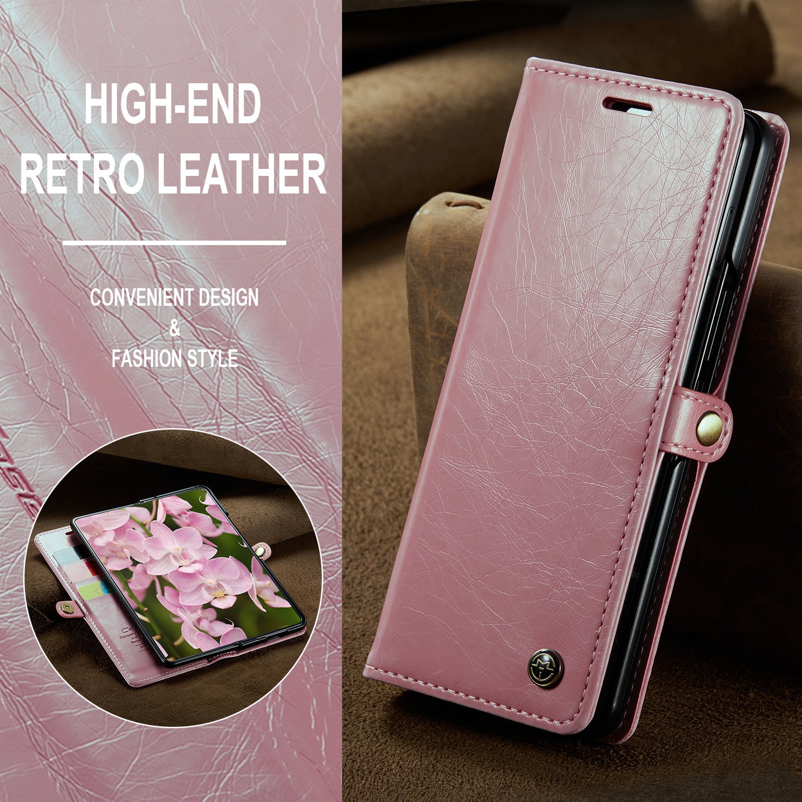 CASEME 003 Series For Samsung Galaxy Z Fold6 5G PU Leather Case Stand Retro Wallet Phone Cover  - Pink