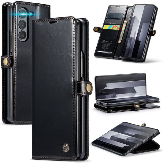 CASEME 003 Series For Samsung Galaxy Z Fold6 5G PU Leather Case Stand Retro Wallet Phone Cover  - Black