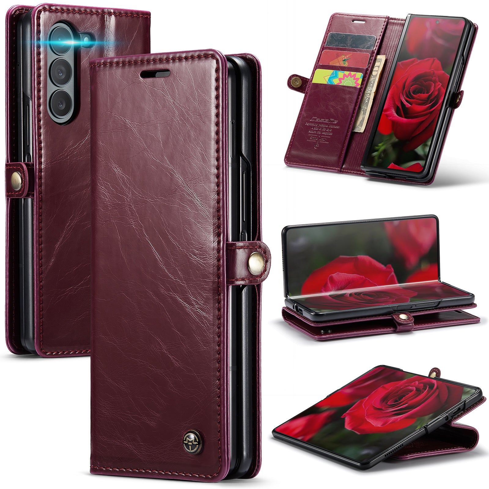CASEME 003 Series For Samsung Galaxy Z Fold6 5G PU Leather Case Stand Retro Wallet Phone Cover  - Wine Red