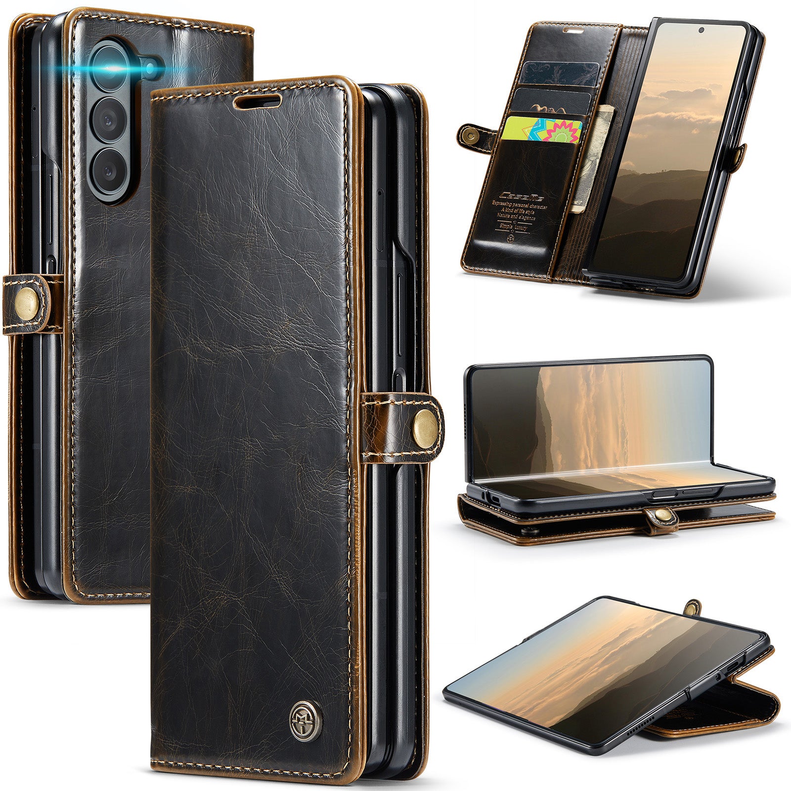 CASEME 003 Series For Samsung Galaxy Z Fold6 5G PU Leather Case Stand Retro Wallet Phone Cover  - Coffee