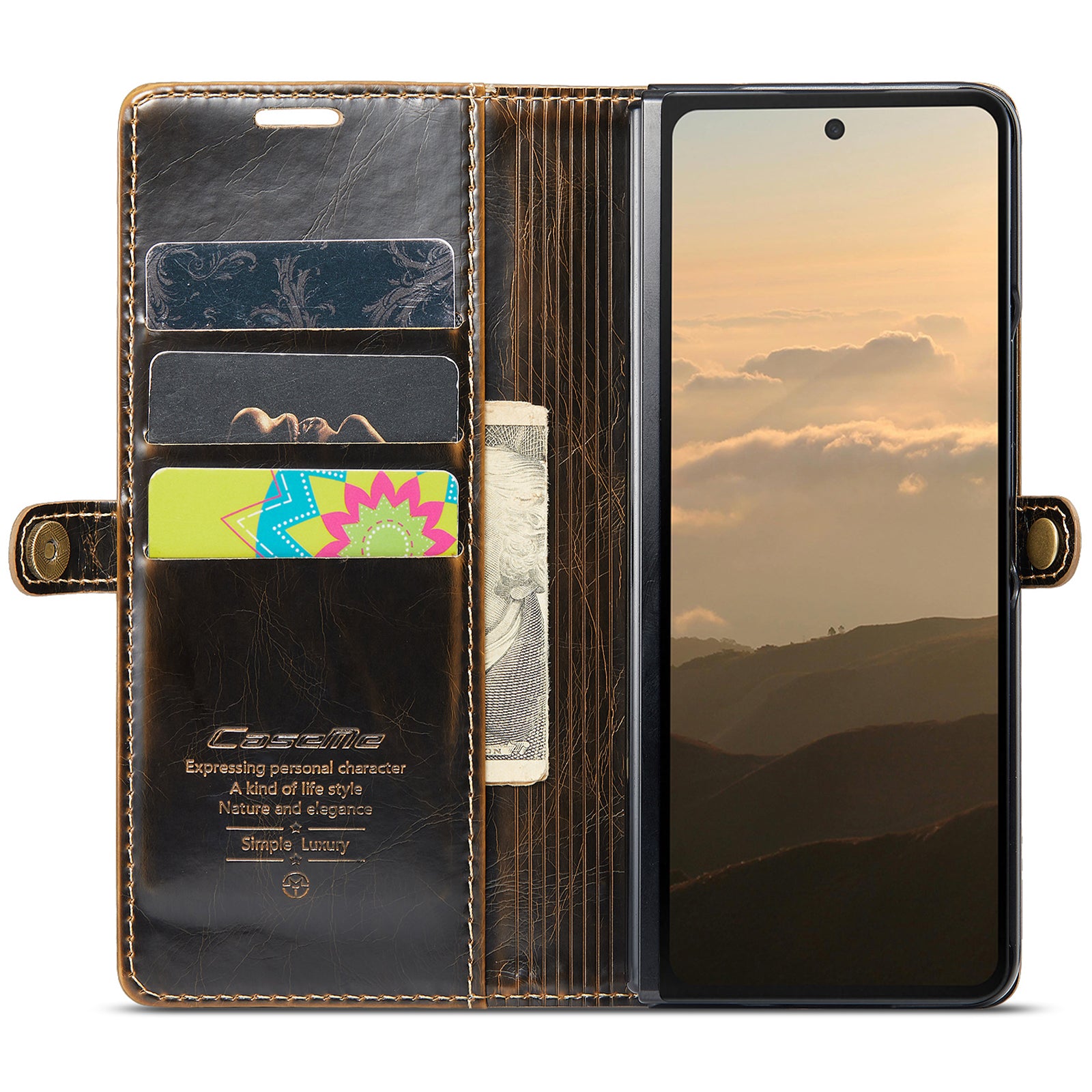 CASEME 003 Series For Samsung Galaxy Z Fold6 5G PU Leather Case Stand Retro Wallet Phone Cover  - Coffee