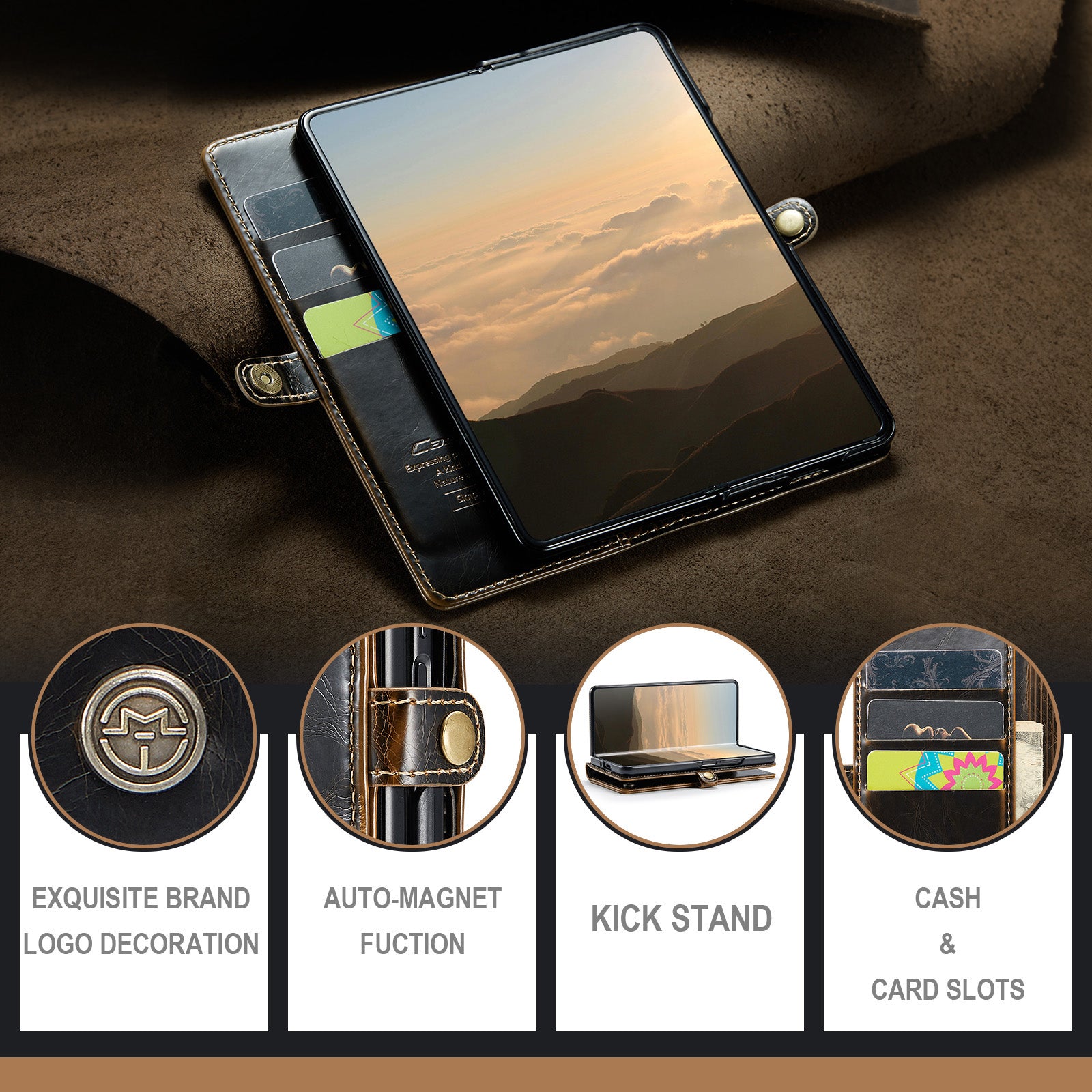 CASEME 003 Series For Samsung Galaxy Z Fold6 5G PU Leather Case Stand Retro Wallet Phone Cover  - Coffee