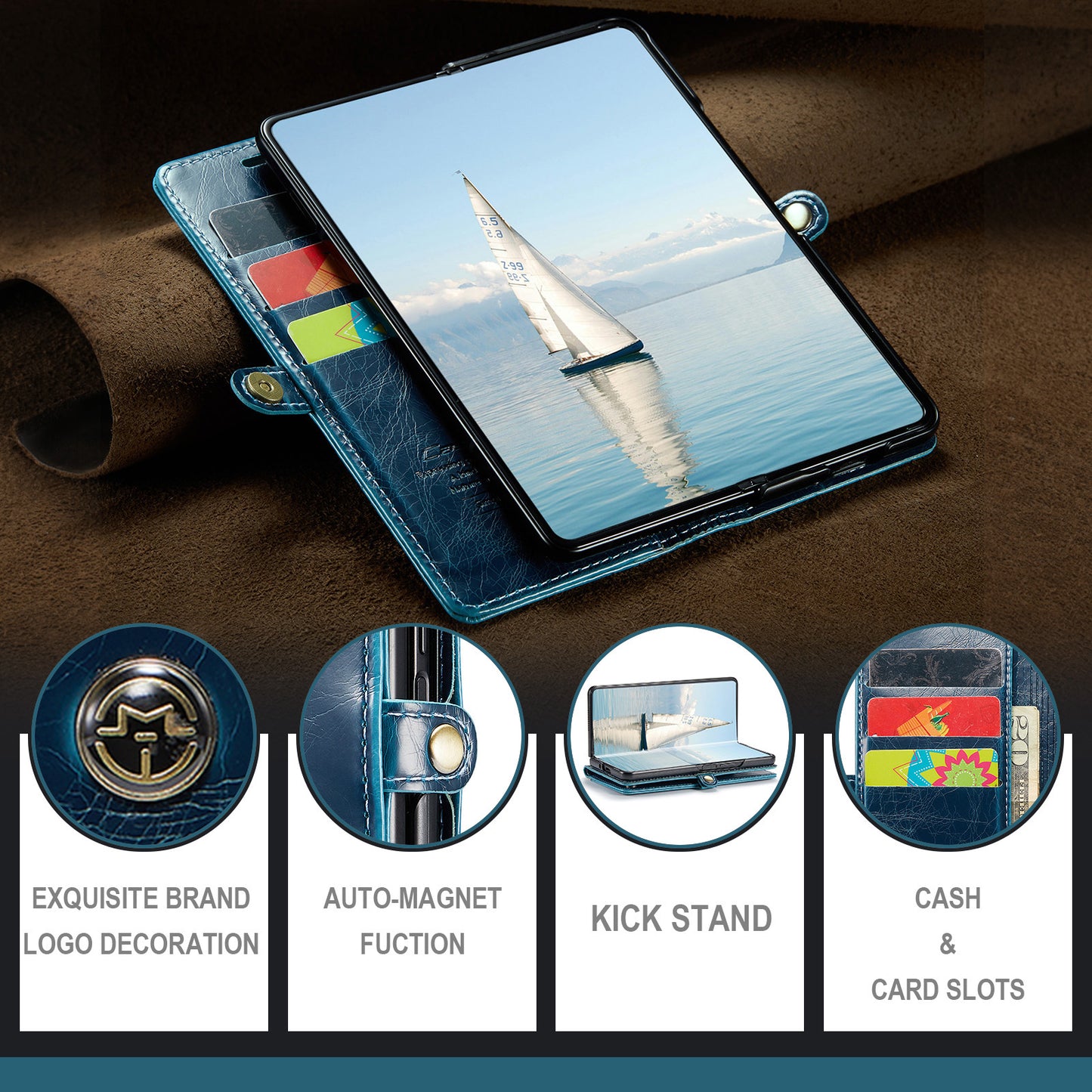 CASEME 003 Series For Samsung Galaxy Z Fold6 5G PU Leather Case Stand Retro Wallet Phone Cover  - Blue