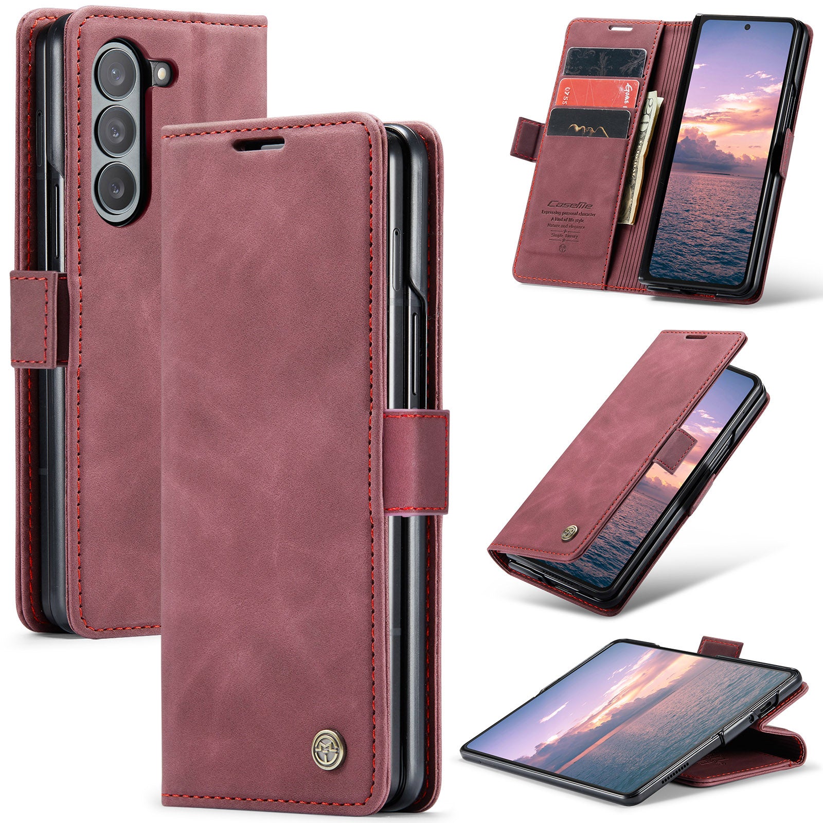 CASEME 013 Series For Samsung Galaxy Z Fold6 5G Phone Stand Case Shockproof PU Leather Cover Wallet - Wine Red