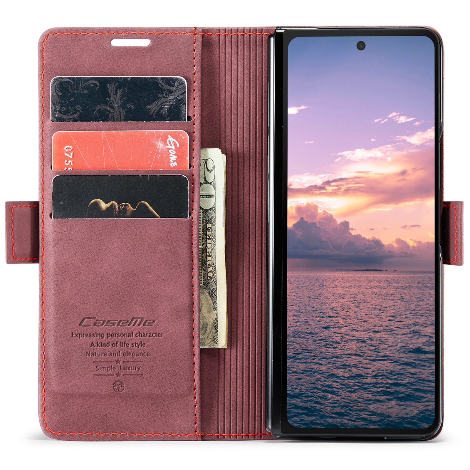 CASEME 013 Series For Samsung Galaxy Z Fold6 5G Phone Stand Case Shockproof PU Leather Cover Wallet - Wine Red
