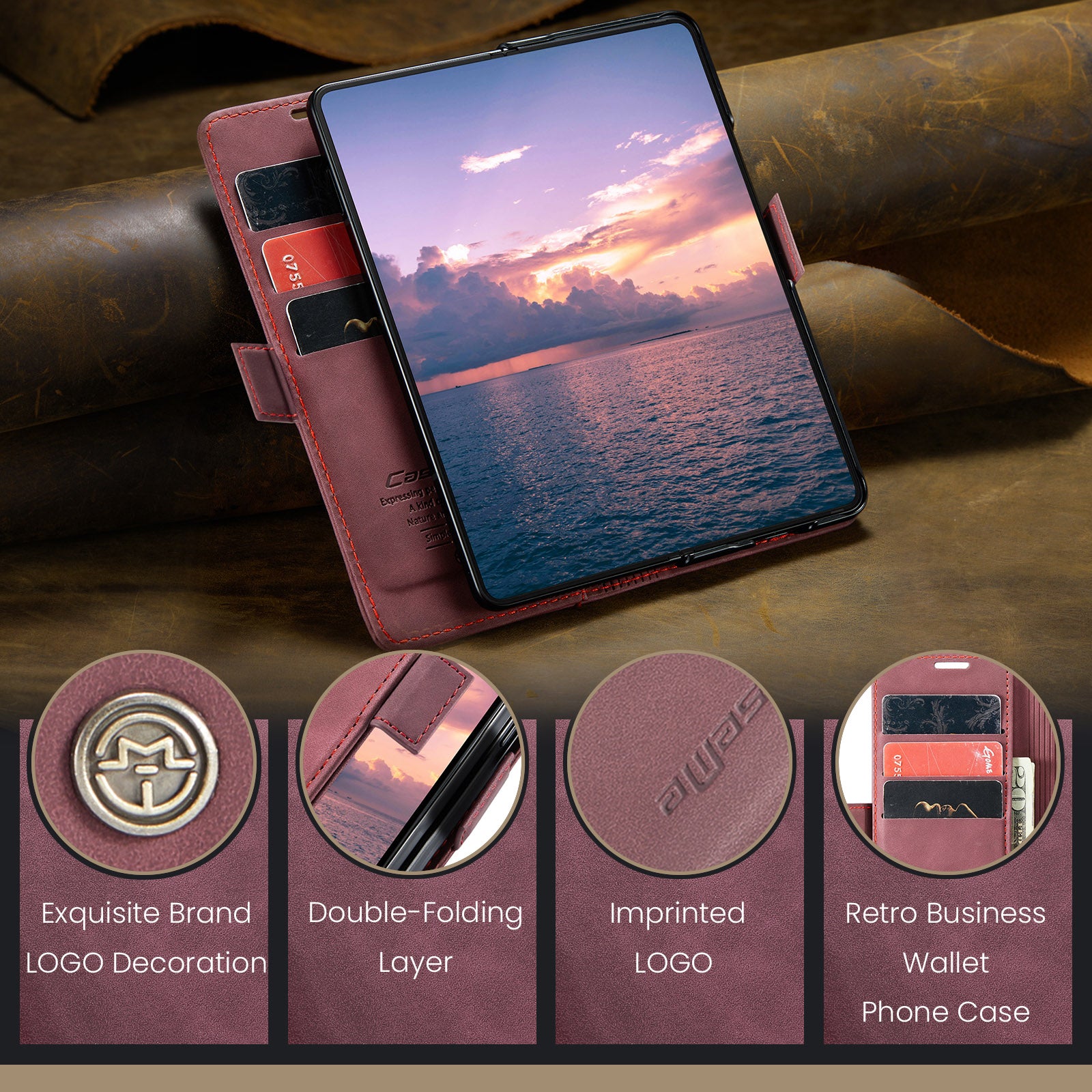CASEME 013 Series For Samsung Galaxy Z Fold6 5G Phone Stand Case Shockproof PU Leather Cover Wallet - Wine Red