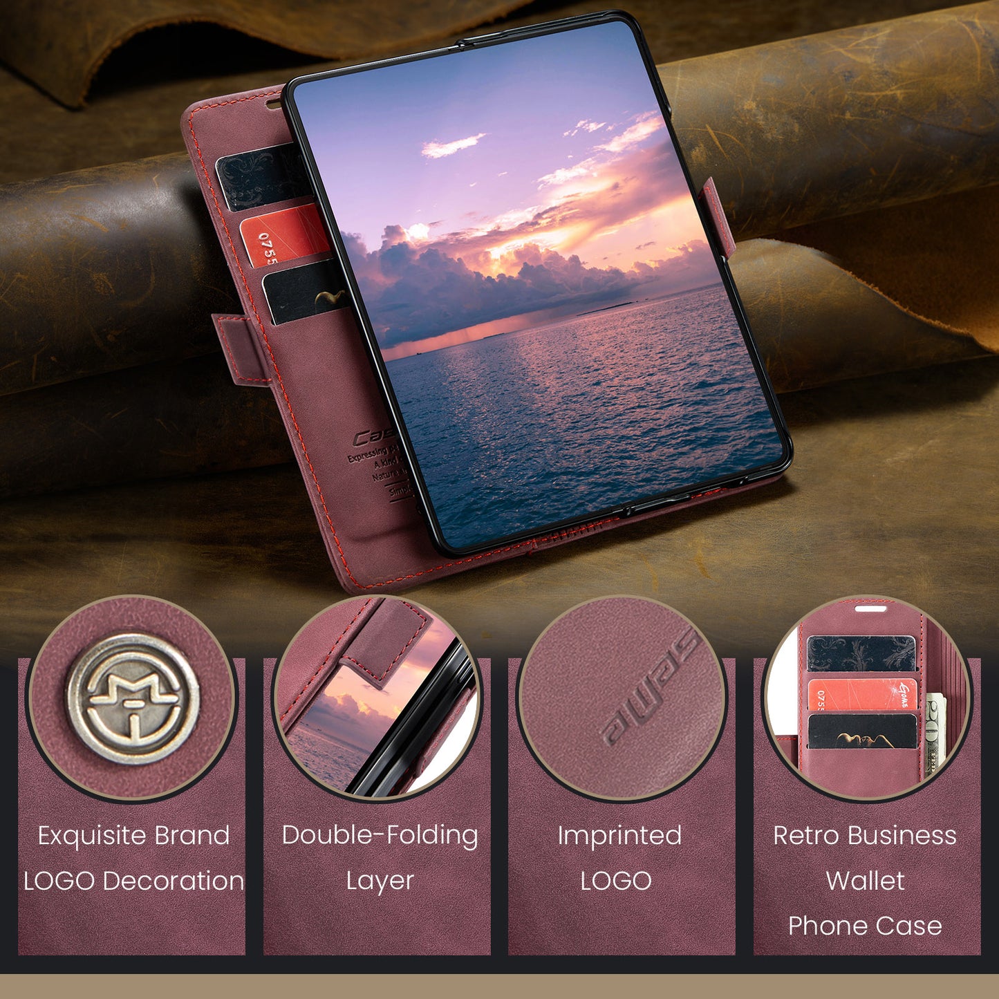 CASEME 013 Series For Samsung Galaxy Z Fold6 5G Phone Stand Case Shockproof PU Leather Cover Wallet - Wine Red