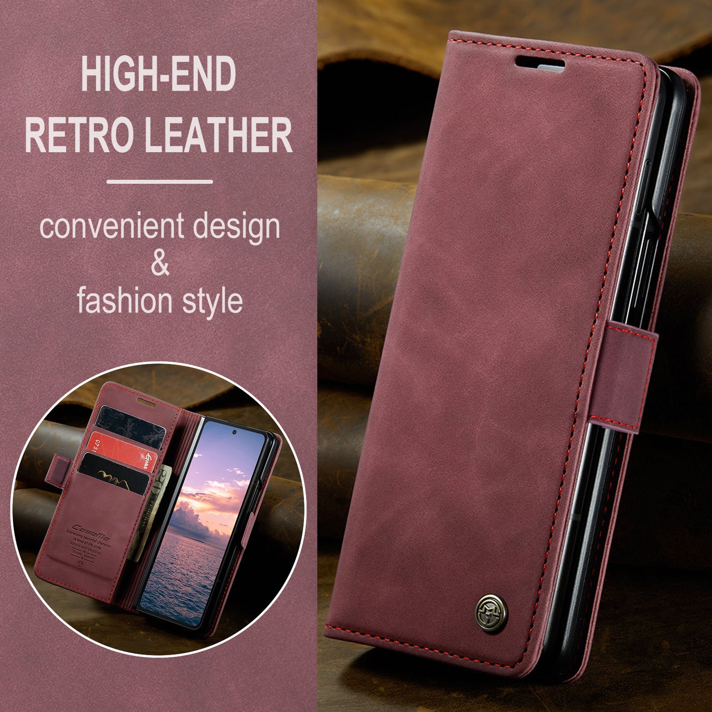 CASEME 013 Series For Samsung Galaxy Z Fold6 5G Phone Stand Case Shockproof PU Leather Cover Wallet - Wine Red