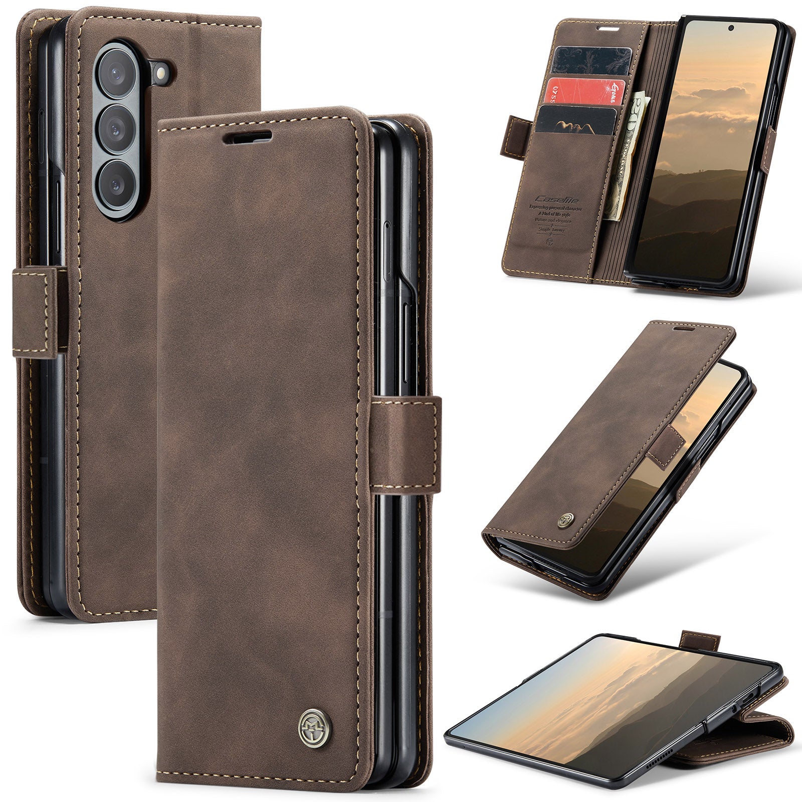 CASEME 013 Series For Samsung Galaxy Z Fold6 5G Phone Stand Case Shockproof PU Leather Cover Wallet - Coffee