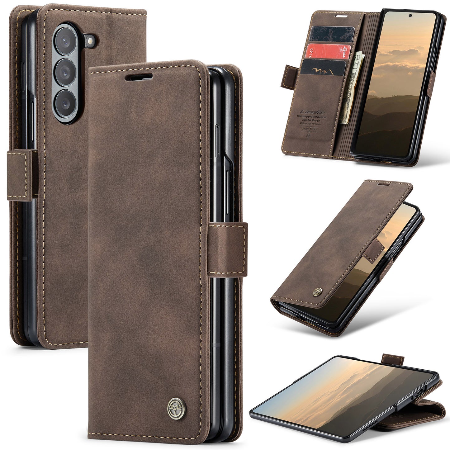 CASEME 013 Series For Samsung Galaxy Z Fold6 5G Phone Stand Case Shockproof PU Leather Cover Wallet - Coffee