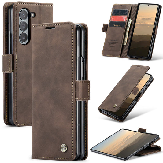 CASEME 013 Series For Samsung Galaxy Z Fold6 5G Phone Stand Case Shockproof PU Leather Cover Wallet - Coffee