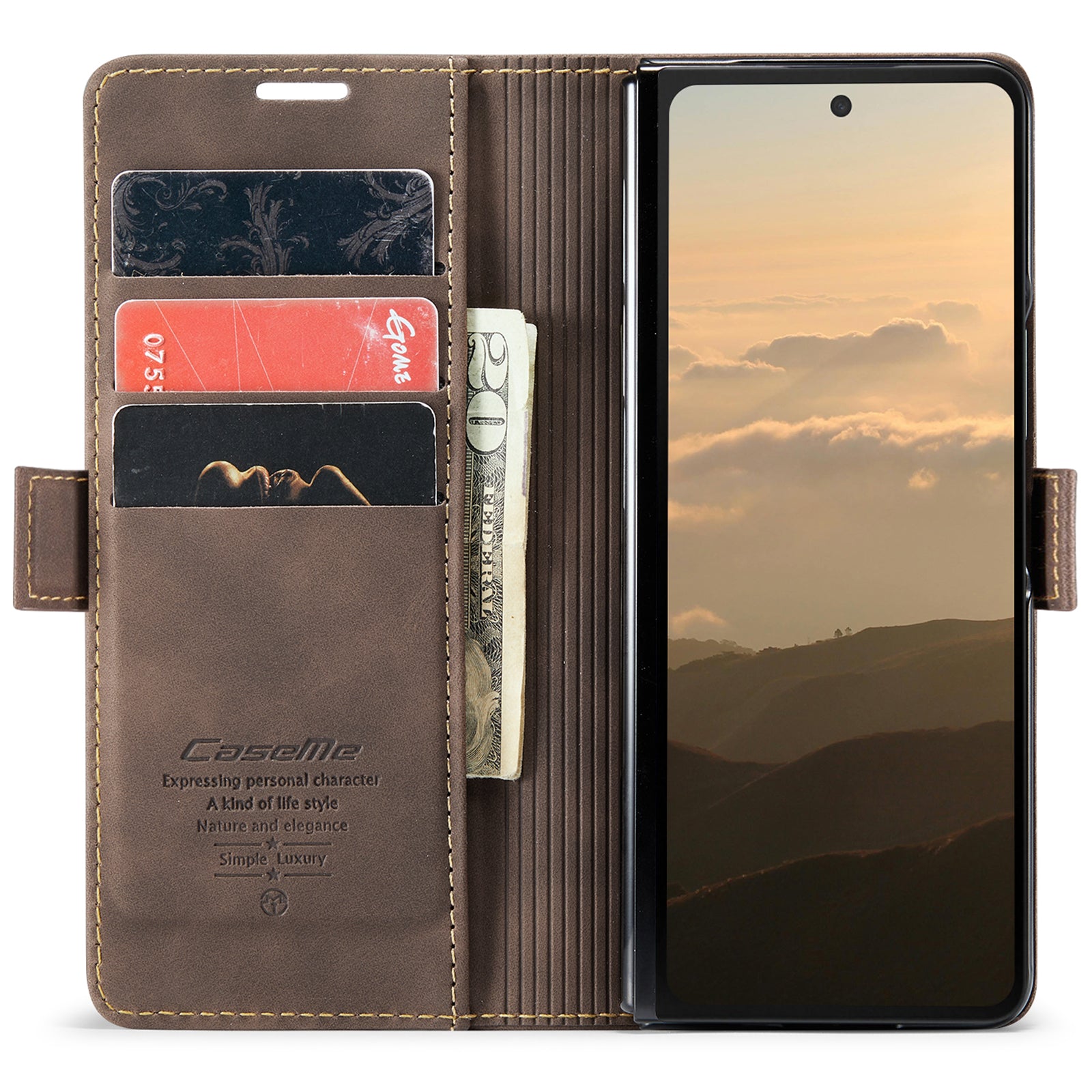 CASEME 013 Series For Samsung Galaxy Z Fold6 5G Phone Stand Case Shockproof PU Leather Cover Wallet - Coffee