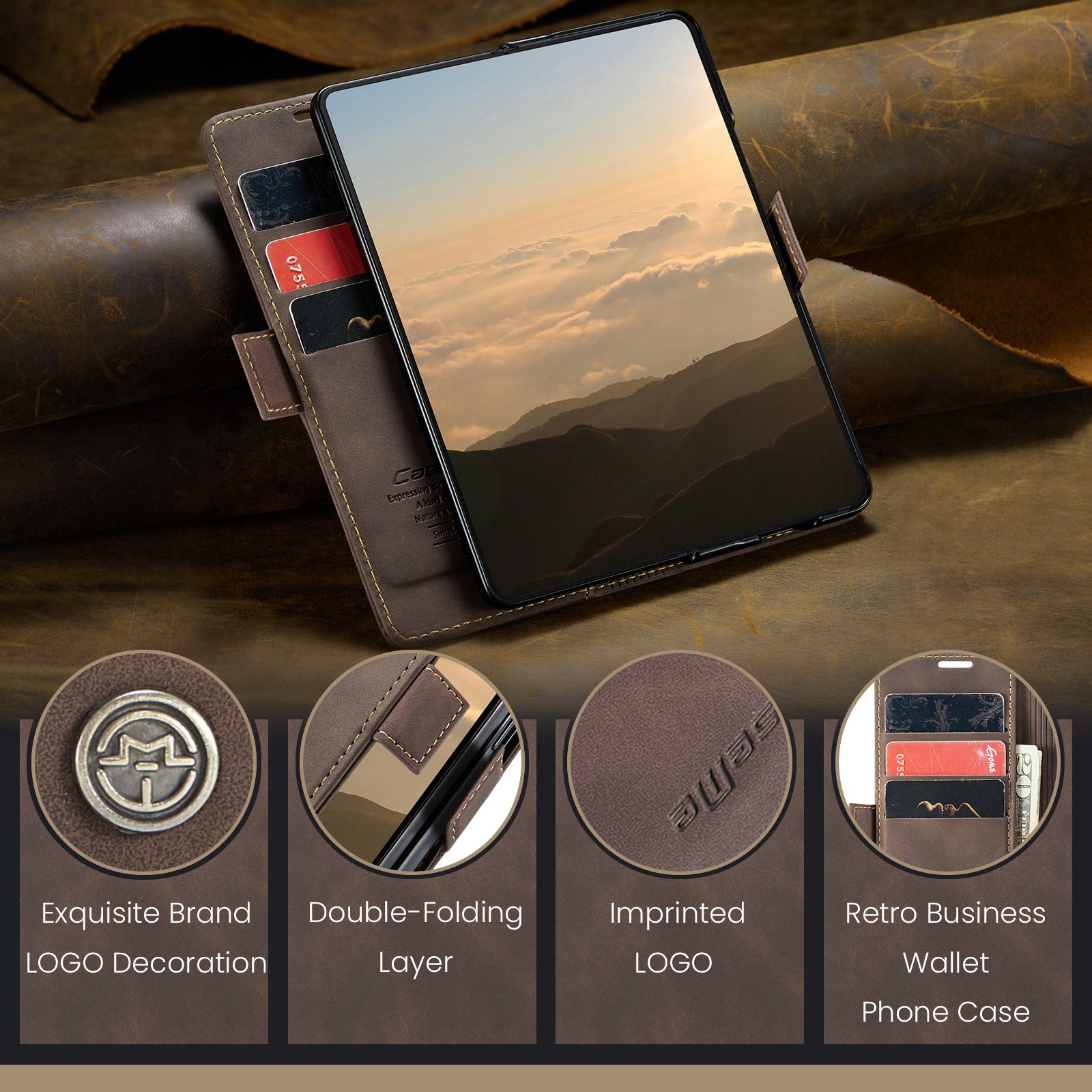 CASEME 013 Series For Samsung Galaxy Z Fold6 5G Phone Stand Case Shockproof PU Leather Cover Wallet - Coffee