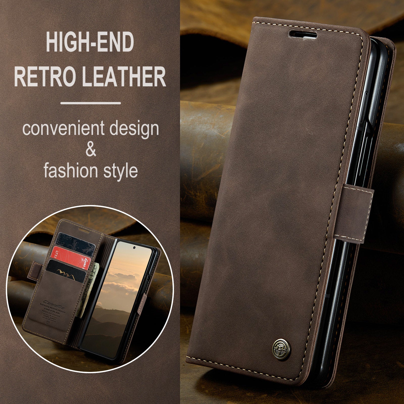 CASEME 013 Series For Samsung Galaxy Z Fold6 5G Phone Stand Case Shockproof PU Leather Cover Wallet - Coffee