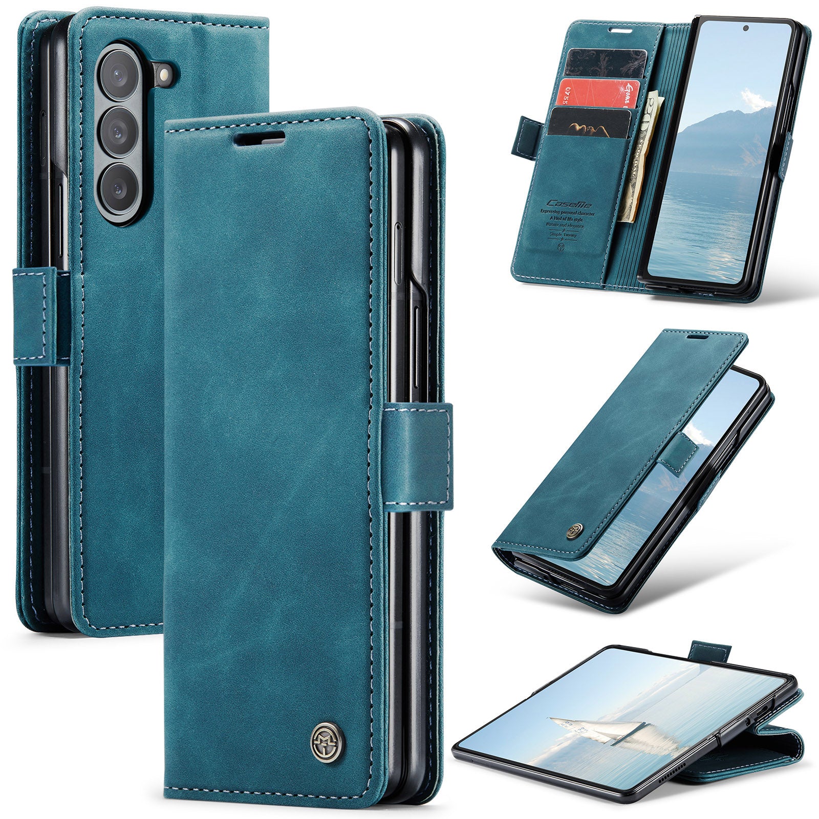 CASEME 013 Series For Samsung Galaxy Z Fold6 5G Phone Stand Case Shockproof PU Leather Cover Wallet - Blue