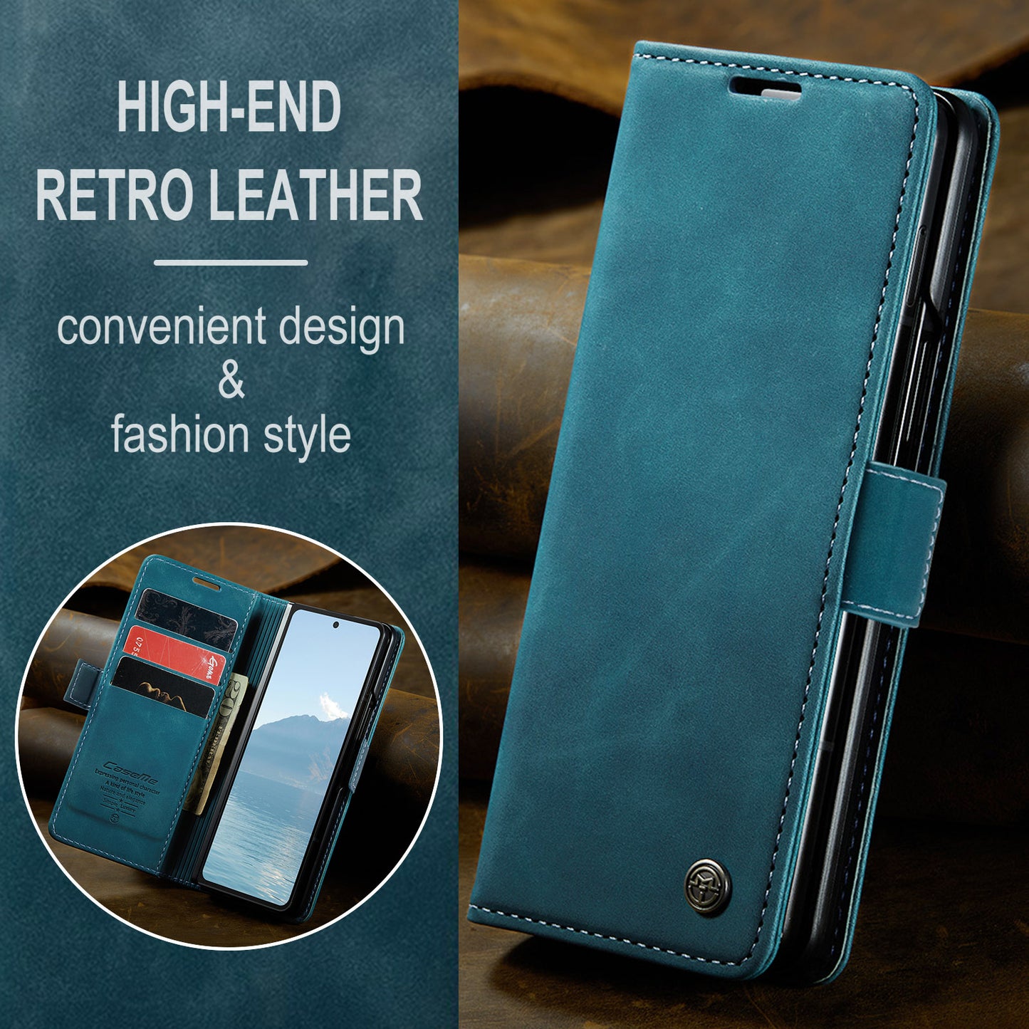 CASEME 013 Series For Samsung Galaxy Z Fold6 5G Phone Stand Case Shockproof PU Leather Cover Wallet - Blue