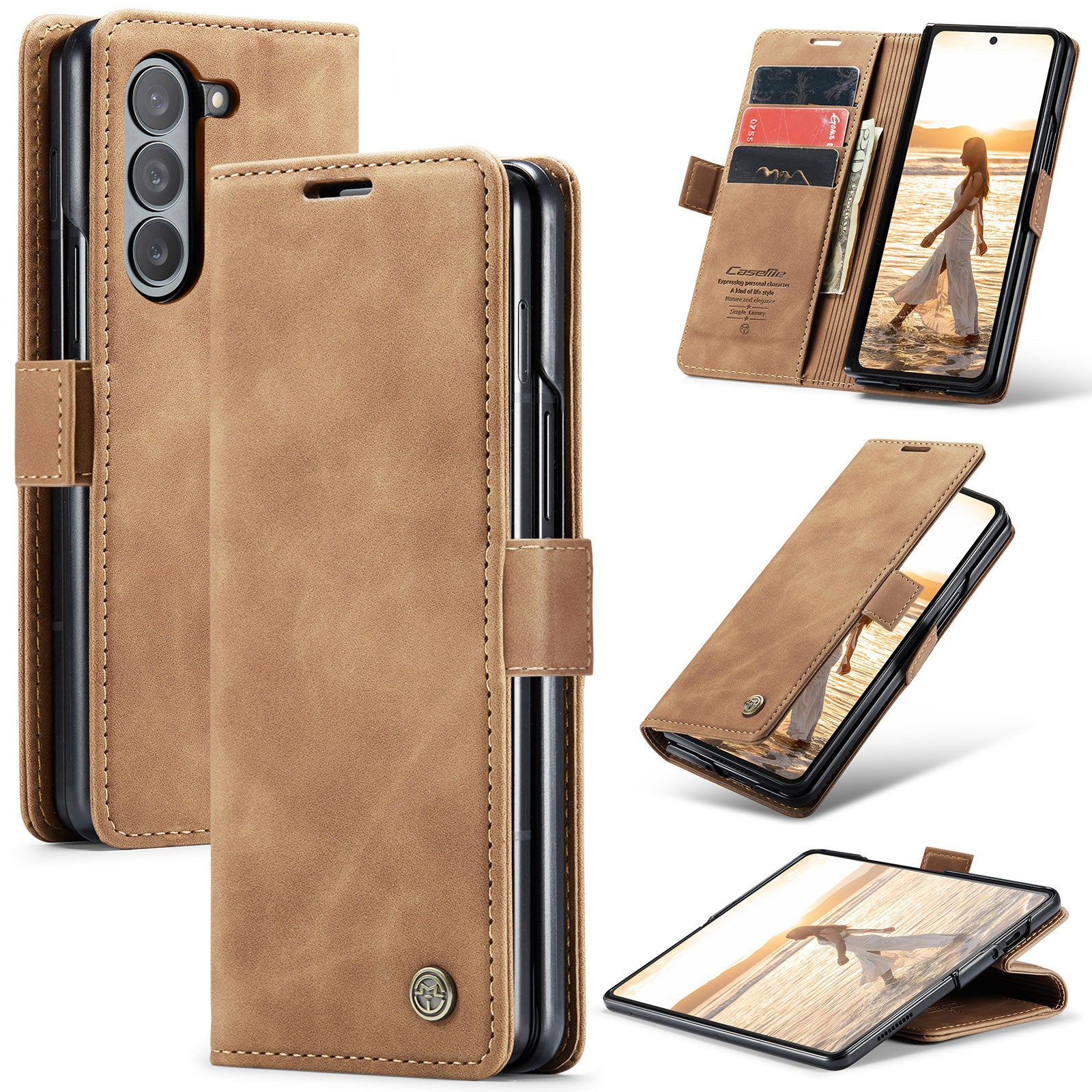 CASEME 013 Series For Samsung Galaxy Z Fold6 5G Phone Stand Case Shockproof PU Leather Cover Wallet - Brown
