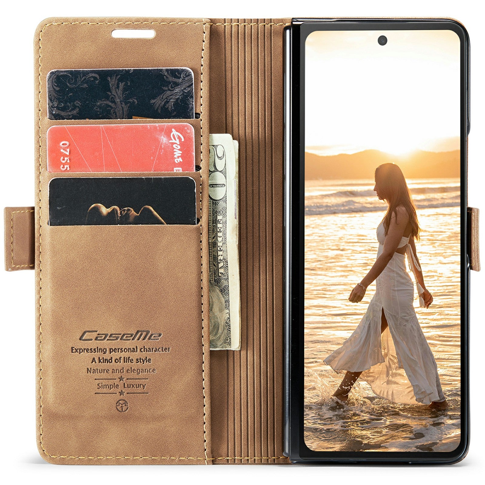 CASEME 013 Series For Samsung Galaxy Z Fold6 5G Phone Stand Case Shockproof PU Leather Cover Wallet - Brown