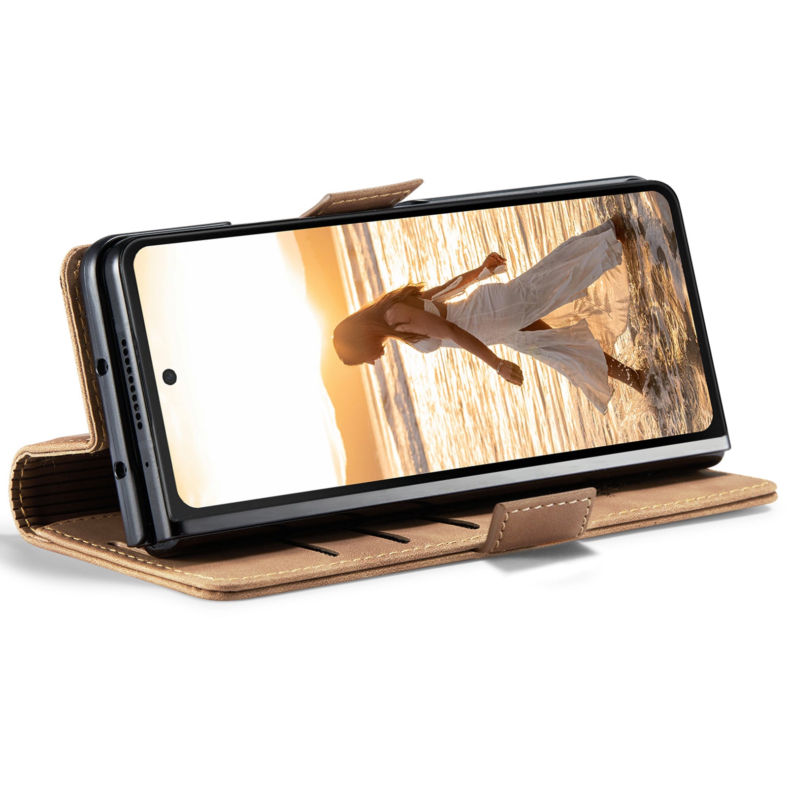 CASEME 013 Series For Samsung Galaxy Z Fold6 5G Phone Stand Case Shockproof PU Leather Cover Wallet - Brown