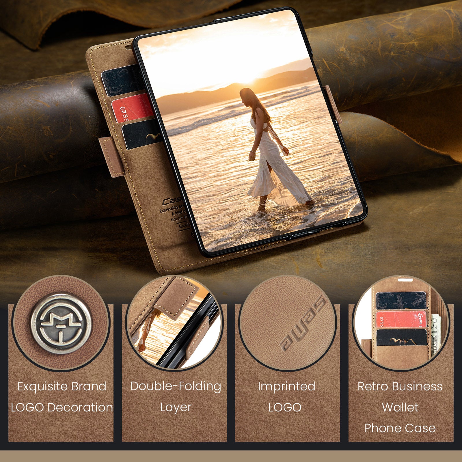 CASEME 013 Series For Samsung Galaxy Z Fold6 5G Phone Stand Case Shockproof PU Leather Cover Wallet - Brown