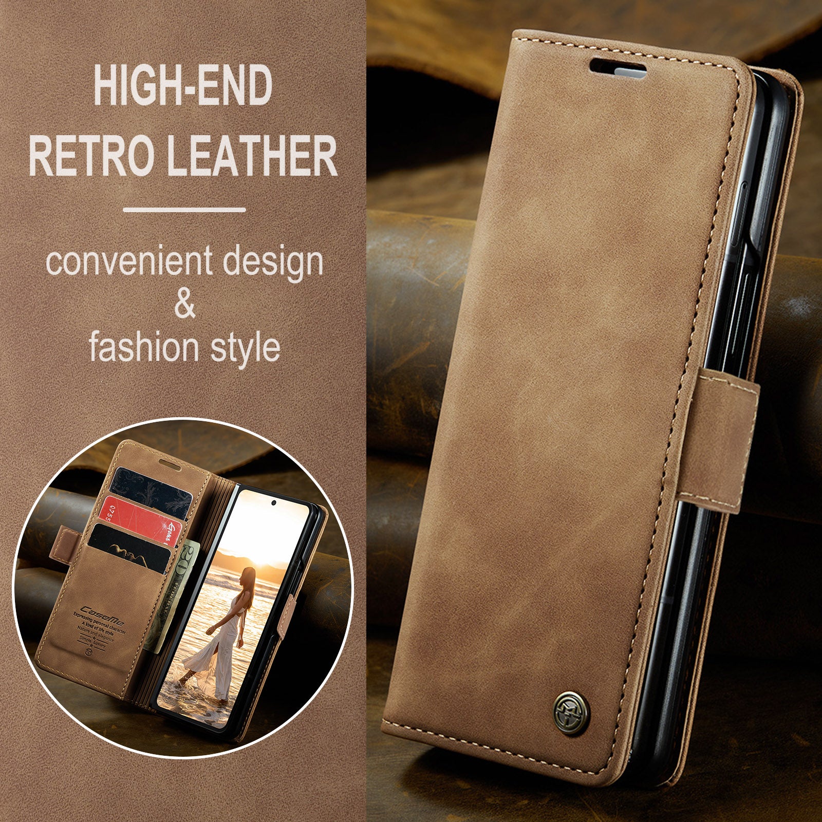 CASEME 013 Series For Samsung Galaxy Z Fold6 5G Phone Stand Case Shockproof PU Leather Cover Wallet - Brown