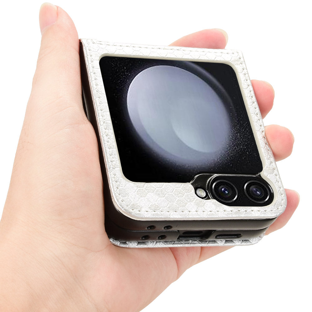 For Samsung Galaxy Z Flip6 5G Phone Case with Card Holder Imprinted Dot Pattern Leather Phone Cover - Silver