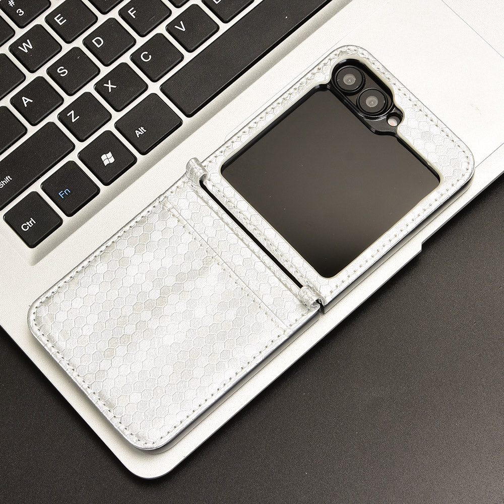 For Samsung Galaxy Z Flip6 5G Phone Case with Card Holder Imprinted Dot Pattern Leather Phone Cover - Silver