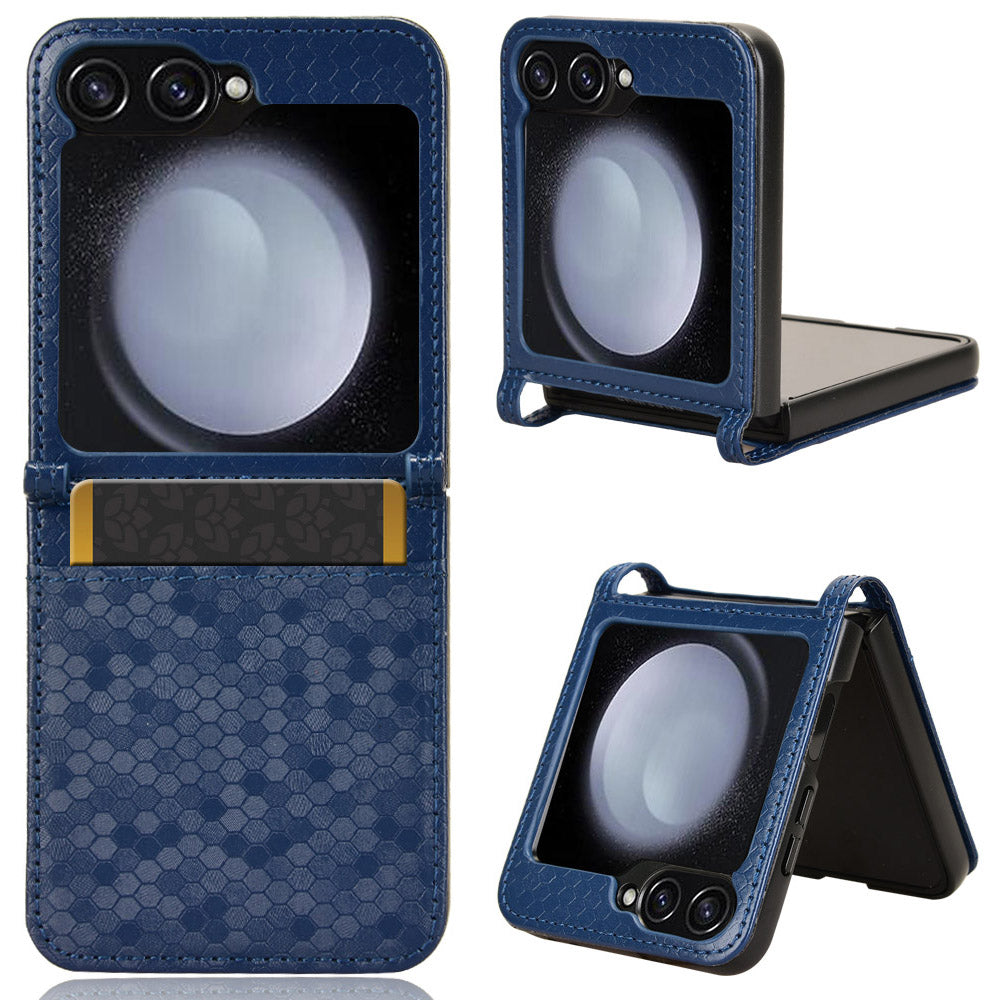 For Samsung Galaxy Z Flip6 5G Phone Case with Card Holder Imprinted Dot Pattern Leather Phone Cover - Dark Blue