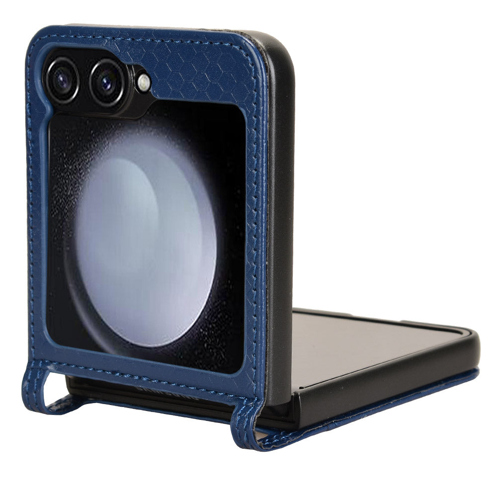 For Samsung Galaxy Z Flip6 5G Phone Case with Card Holder Imprinted Dot Pattern Leather Phone Cover - Dark Blue