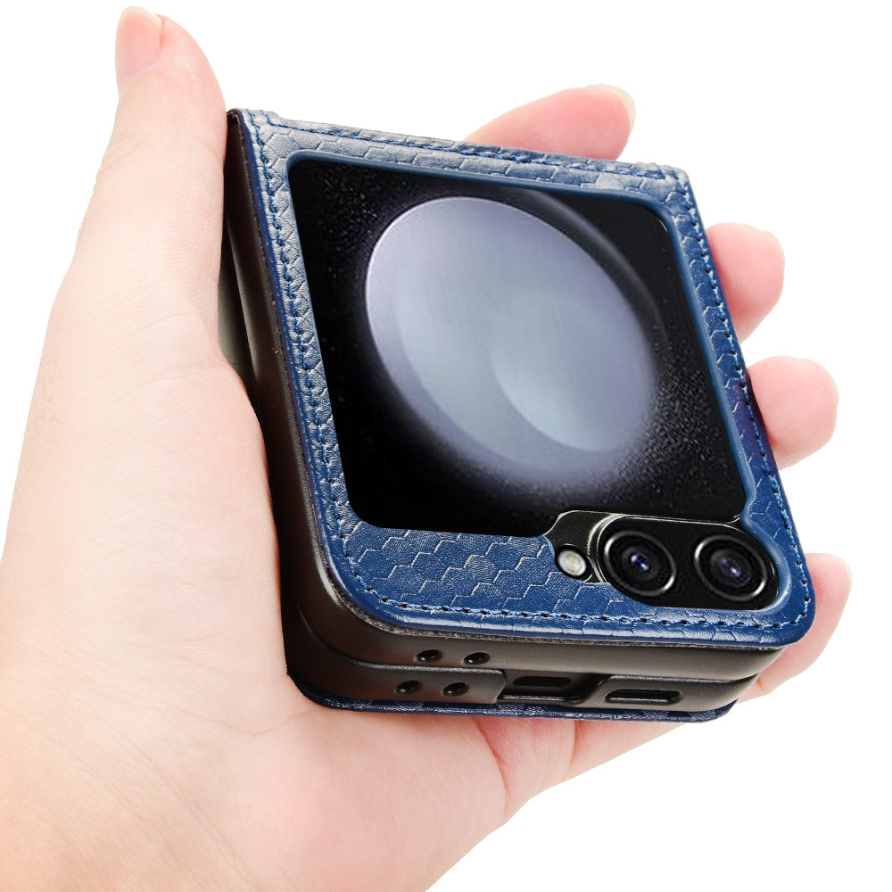 For Samsung Galaxy Z Flip6 5G Phone Case with Card Holder Imprinted Dot Pattern Leather Phone Cover - Dark Blue