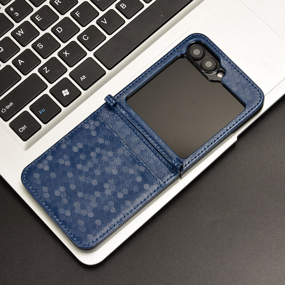 For Samsung Galaxy Z Flip6 5G Phone Case with Card Holder Imprinted Dot Pattern Leather Phone Cover - Dark Blue