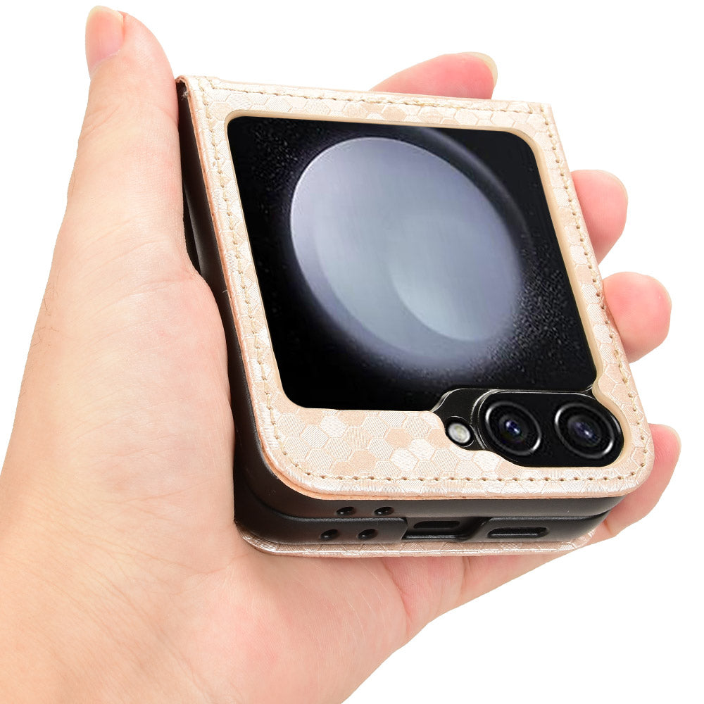 For Samsung Galaxy Z Flip6 5G Phone Case with Card Holder Imprinted Dot Pattern Leather Phone Cover - Rose Gold
