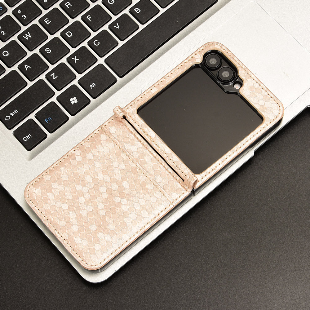 For Samsung Galaxy Z Flip6 5G Phone Case with Card Holder Imprinted Dot Pattern Leather Phone Cover - Rose Gold